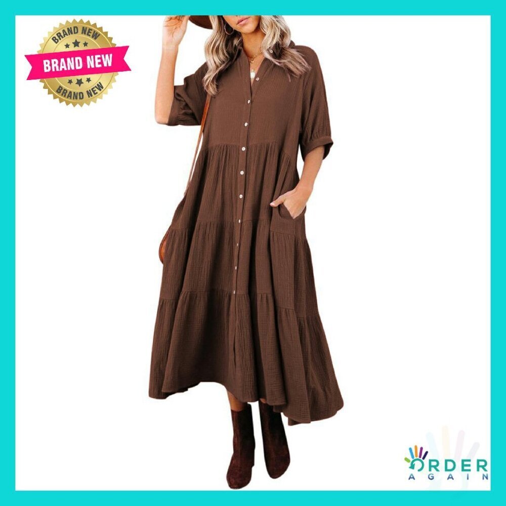 Cotton Button Down Midi Dress Casual Summer Boho Chic Loose Fit Pockets